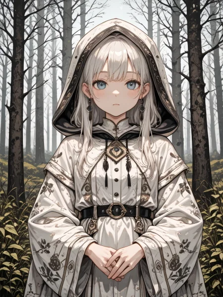 masterpiece, best quality, amazing quality, atmospheric perspective, 1girl, solo, jewelry, hood, white hair, looking at viewer, earrings, blue eyes, own hands together, tree, hood up, floral print, wide sleeves, belt, dress, long sleeves, blush, outdoors, closed mouth, upper body, white tree, expressionless, abstract