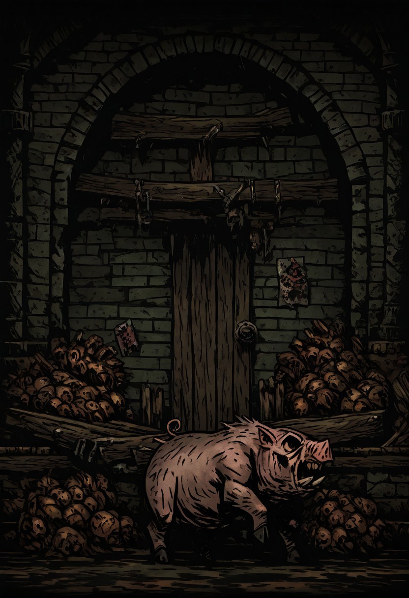 masterpiece, best quality, newest, absurdres, highres,  
TTCSV1.0,
DDWarrens-BGV1.0, dark, scenery, indoors, 
1boy, 
DD-SwinemanV1.0, swine, pig,