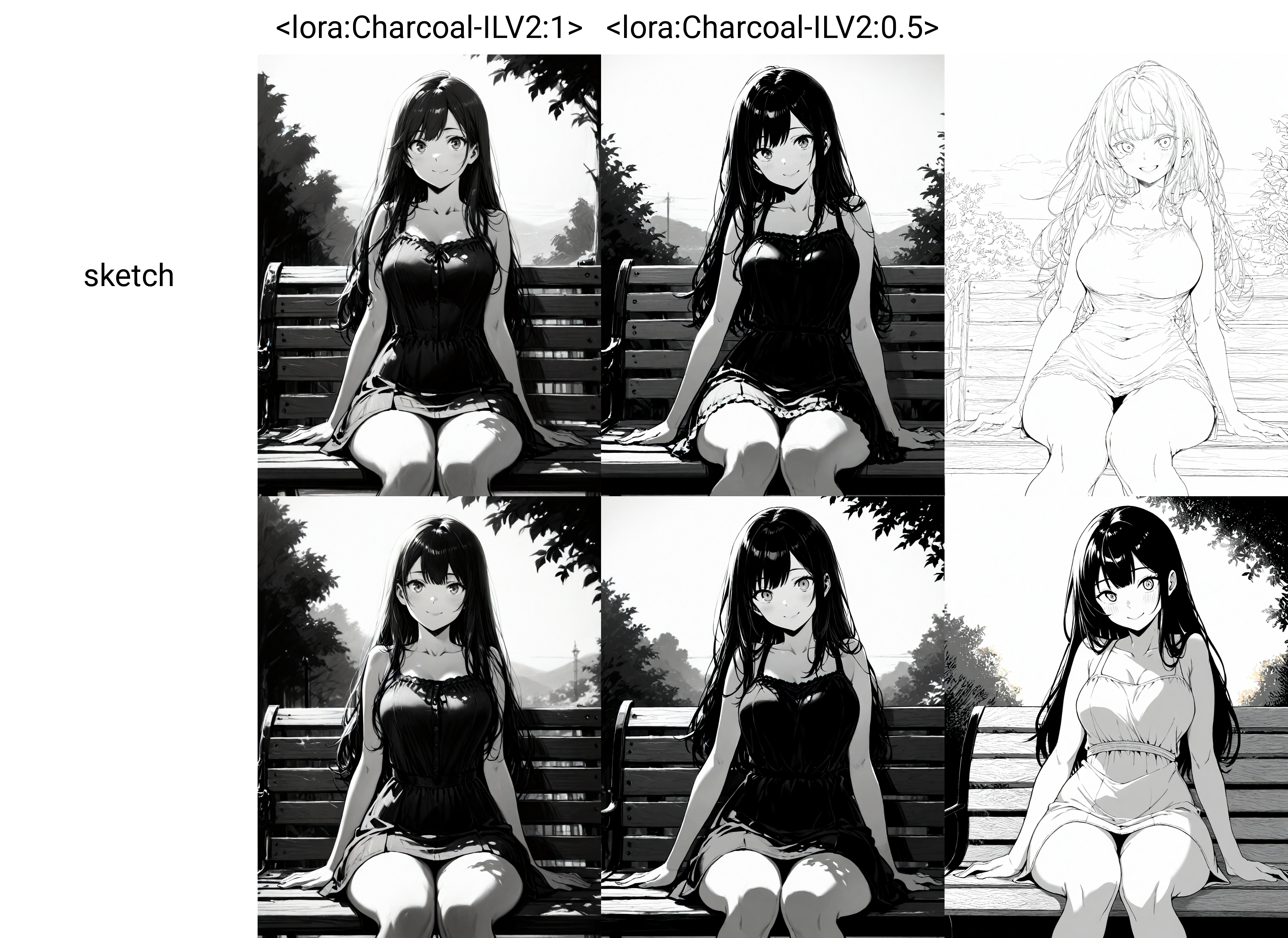very awa, masterpiece, best quality, highres, absurdres, charcoalPaint, greyscale,  sketch, 1girl, solo, long hair, short dress, park bench, sitting, smile, sunset , eye focus,  <lora:Charcoal-ILV2:1> , <lora:NOOB_vp1_detailer_by_volnovik_v1:1>