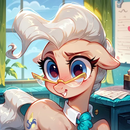 rating_safe, score_9, score_8_up, score_7_up, pony, feral, cute, Mayor Mare, 1girl, non-human, glasses, blue eyes, beige skin, quadruped, animal, pony, gray hair, tail, indoors, pretty face, curvy and petite, heavy blush, light makeup, volumetric lighting, vivid colours, detailed, shiny