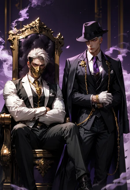 (score_9, score_8_up), score_7_up, 2boys, manly, tsurime, looking at viewer, serious, purple background, gold and purple theme, hand on hip, chains, fedora, white hair, muscular male, black hair, crew cut, arms crossed, hair slick back, short hair, sitting, standing, leg spread, throne, purple smoke, white gloves, necktie, black gloves, suit, gold chains, jewelry, white shirt, black vest, black pants, coat, gold mask, mouth mask, realistic, blurry background, depth of field, DOF, chaos, , <lora:Mafia_Outfit:0.5>