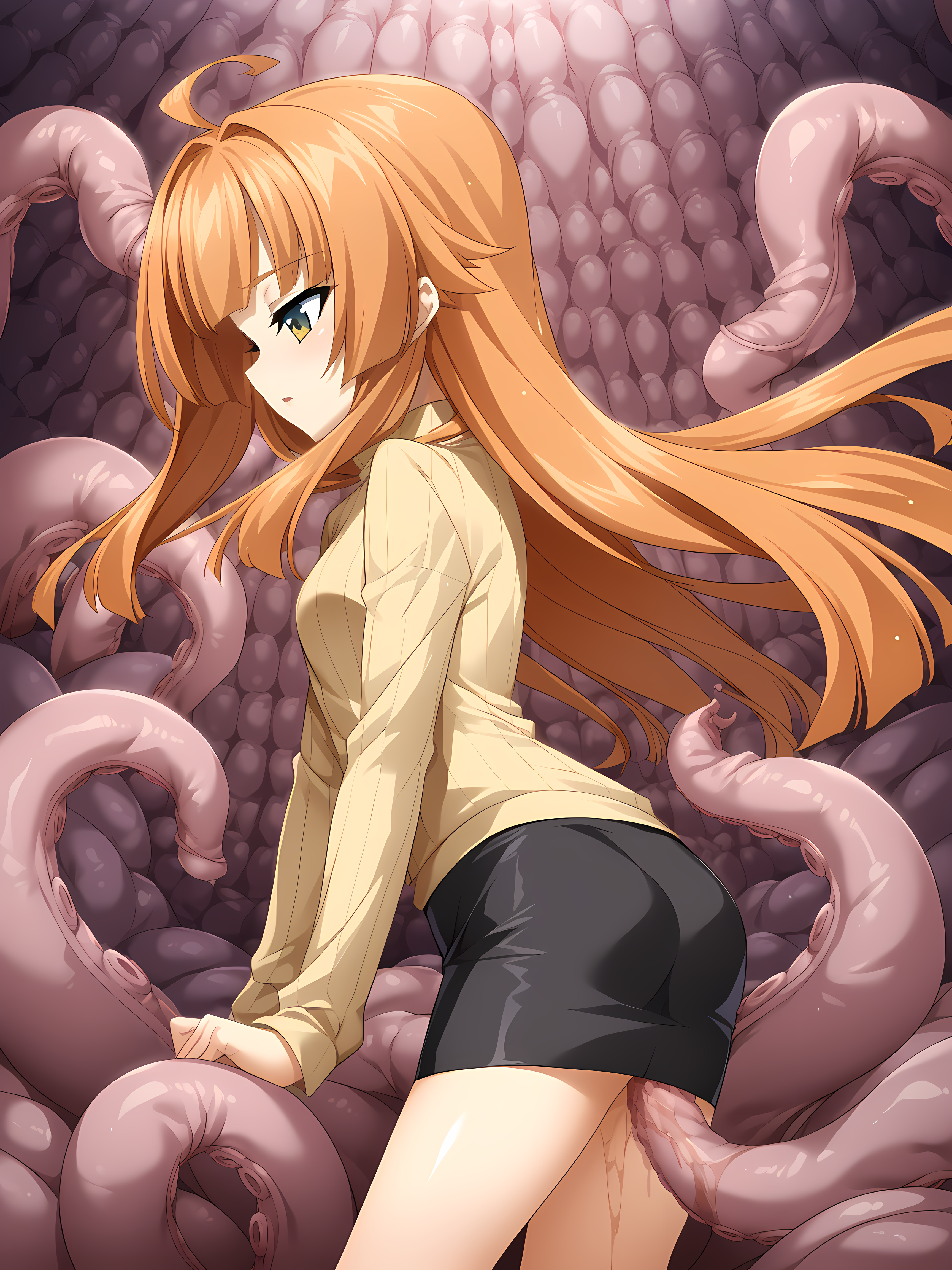 <lora:Yuri_Amakubo_-_ExS-TiA_Flora_-_Kouyoku_Senki_ExS-TiA_-_Lusterise:1>,tentacles,tentacles under clothes,tentacle sex,yuri amakubo,(yellow eyes:0.5),(multicolored eyes:0.5),labuni,lusterise,very long hair,orange hair,full body,standing,yellow sweater,ribbed sweater,pencil skirt,(black microskirt:1.3),skirt under dress,latex skirt,from side,straight hair,hair down,bare legs,black high heeels,short skirt,indoors, tentacle pit,, score_9, score_8_up, score_7_up,source_anime,(masterpiece),(best quality),(ultra-detailed),(best illustration),(best shadow),(absurdres),(detailed background),(very aesthetic),source_anime
