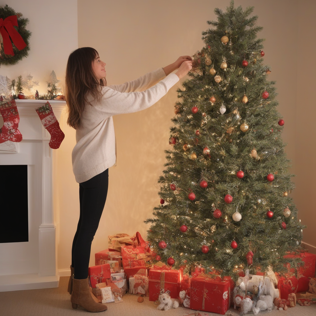 1girl, solo, realistic, decorating christmas tree, christmas tree, christmas decoration, christmas ornaments, christmas lights, living room, indoors
