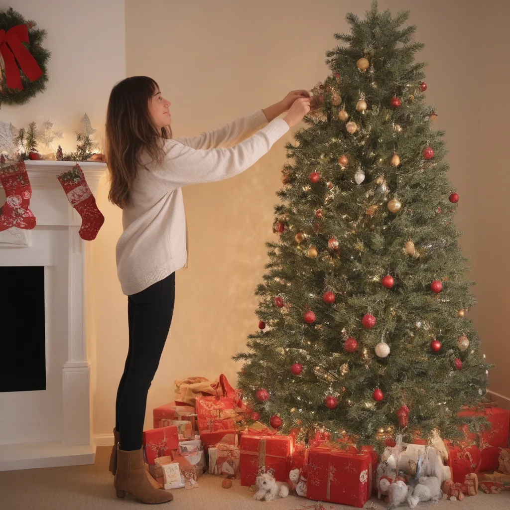 1girl, solo, realistic, decorating christmas tree, christmas tree, christmas decoration, christmas ornaments, christmas lights, living room, indoors