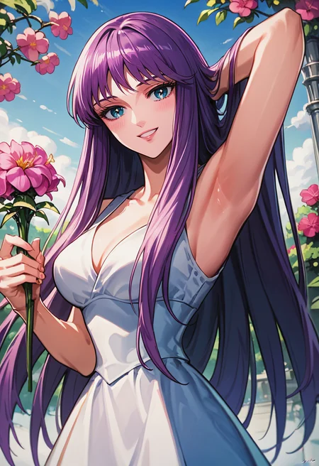 score_9, score_8_up, score_7_up, best quality, intricate details, source anime, rating explicit, BREAK
Placing hands behind head, love gaze, blush, parted lips, light smile, head tilt,
athenakido, purple hair, long hair, aqua eyes, bangs, sleevesdress, <lora:SaoriKido_Pony_v02-10:1>
flowers, holding flower, smile