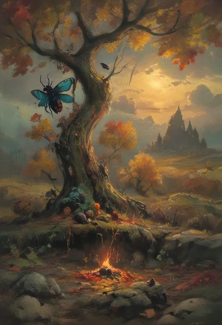 rainbow colors, colorful palette, autumn, close-up of mossy rotten tree and its roots with rotten fruits among them, fungal growth taking over, spores in the air, giant insects, leaves on the ground, evening, moody lighting, floating lights, extremely detailed, perfect composition, vibrant, hbao, extremely detailed, (perfect composition:1.2), superior color grading, (realistic:1.4), (panoramic composition:1.5), (evening photography:1.5), complementary colors, decaying atmosphere, vivid background, anime, magical fantasy, inspired by Maria Kreyn, negative space, cinematic, by Andreas Lie, Luke Gram, gorgeous light, midjourneyv6.1, painted world, style of Vincent van Gogh