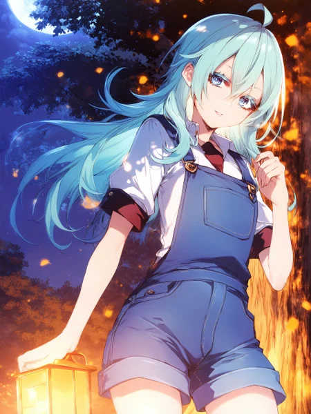 score_9,score_8_up,score_7_up,score_6_up, by toosakaasagi, <lora:Toosaka-Asagi-Style-PonyXL-000036:1>, source anime, <lora:Blacksouls-PonyXL-1024px-v1.1:0.6>, <lora:Pony_DetailV2.0:1>, source_anime,<lora:MeMaXL_V3:0.8>,
detailed background, night, dark background,
1girl, solo, cowboy shot, looking at viewer,
outdoors, night, tree,
long hair, aqua hair, hair between eyes, sidelocks, ahoge,
blue eyes, brilliant eyes, tsurime, thick eyelashes, long eyelashes, (black eyelashes:1.3),
closed mouth, smile, parted lips, pink lips,
small breasts, school uniform, overalls,