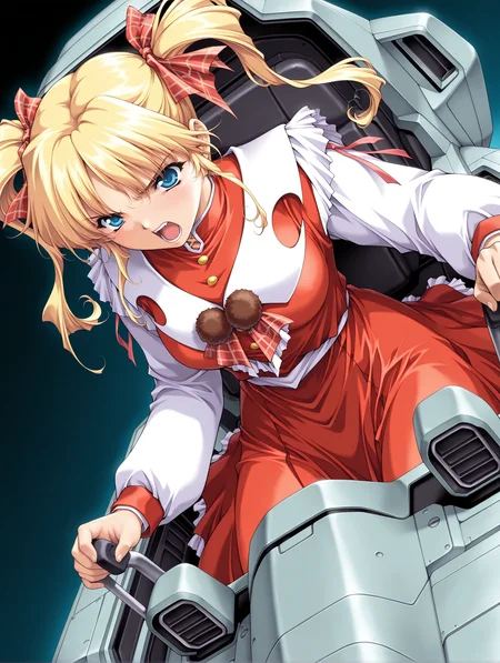 masterpiece,best quality,amazing quality,
1girl,solo,
<lora:IL_ootori_sisters:1>,ootori akane,blonde hair,red hair ribbon,blue eyes,twintails,red dress,long sleeves,pom-pom,bow,red skirt,
<lora:Fixhands_anime_bdsqlsz_V1:1>,simple_background,zerosiki,mecha,cockpit,screaming,serious,dynamic_angle,cinematic_angle,dutch angle,medium breasts,cowboy_shot,portrait,