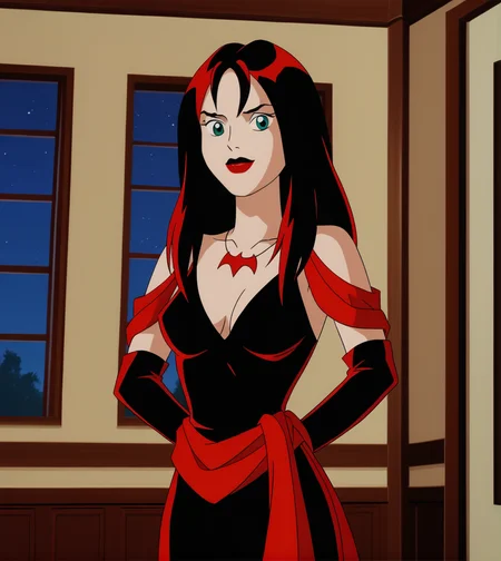 score_9,score_8_up, score_7_up,
hexthorn, 1girl, solo, long black hair with red highlights, green eyes,
black and red dress with red draped sleeves, red sash, elbow gloves, red bat necklace, lipstick,
hands behind back, indoors, window, night, night sky,
retro_artstyle, cartoon, source_cartoon, lowres, 1990s_style,
<lora:Thorn_The_Hex_Girls:.9>