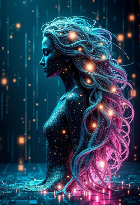 bo-digitalabstract, in a futuristic, cybernetic environment, a stunning holographic woman stands confidently at the center of a mesmerizing digital landscape. Her hair, an extraordinary cascade of luminescent teal and pink strands, defies gravity, each lock floating and swirling gracefully around her. Intriguing constellation patterns weave intricately through her hair, glimmering in a blend of matte and chrome finishes that catch the light at every angle, creating a celestial effect reminiscent of a starry night sky. Surrounding her is an ethereal digital aura, pulsating softly with a gradient glow that shifts from deep indigo to vibrant magenta, enveloping her in an otherworldly ambiance. Abstract beams of light crisscross the scene, reflecting off the holographic figure and casting fascinating shapes and colors on the sleek, polished surface beneath her. The air is filled with a gentle hum of electronic sounds, like the soft whirring of machinery, intertwining with the faint echoes of digital chimes as if the atmosphere itself is alive with energy. As she moves, the light surrounding her ripples and dances in response, creating a captivating interplay of shadows and brilliance that enhances her graceful presence. Her expression conveys confidence and an aura of wisdom, inviting viewers to explore the depths of this surreal realm filled with endless possibilities.<lora:Flux\boFLUX Digital Abstract.safetensors:1.0:1.0>