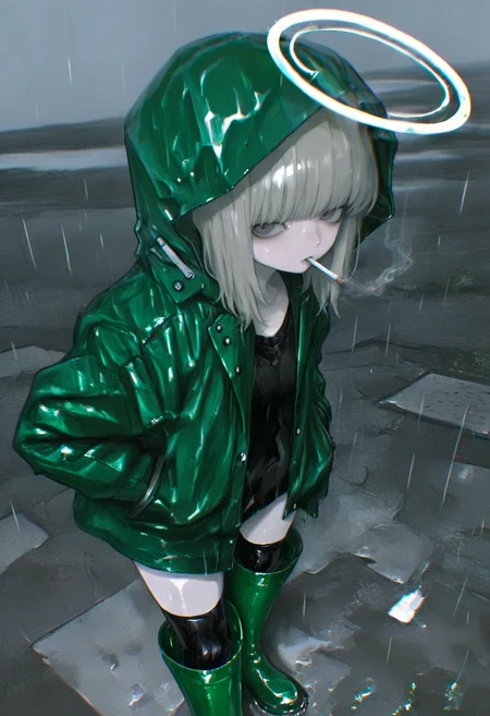 1girl, solo, cigarette, rain, hood, halo, thighhighs, boots, hands in pockets, raincoat, rubber boots, jacket, green jacket, black thighhighs, smoking, mouth hold, hooded jacket, bangs, green footwear, standing, black shirt, shirt, medium hair, outdoors, looking at viewer, hood up, knee boots, grey hair <lora:748cmXL_NBVP1_lokr_V6311P:0.95>