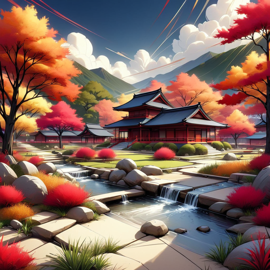 InkBlast, a landscape, a beautiful zen garden, reds golds and whites,