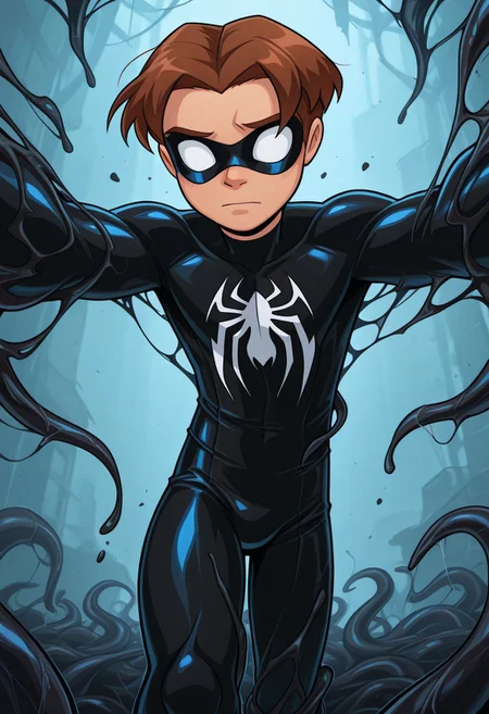 masterpiece, arwe, dynamism, foreshortening, best quality,amazing quality, 1boy, cute boy, solo, male focus, Spiderboy, Bodysuit, black Bodysuit, Brown Hair, Domino Mask, White Eyes, No Pupils, venom_assimilation, transformation, dehumanization, black slime (substance), tentacles, monster boy, merging, absorption, horror, interspecies, corruption, venom,