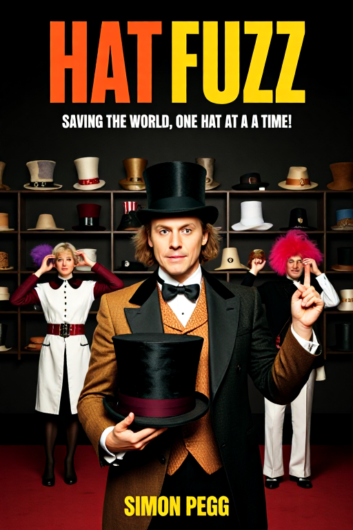 mvpstr. Epic movie poster for "Hat Fuzz", featuring Simon Pegg dressed as a quirky hat salesman, standing in front of a wall lined with various extravagant hats. Pegg is wearing a bowler hat and a mischievous grin, holding a large feathered top hat in one hand. The tagline reads, "Saving the world, one hat at a time!" In the background, you can see other characters in funny poses, trying on bizarre hats. The whole image has a whimsical, comedic vibe, with bold, colorful lettering reminiscent of classic action-comedy posters. <lora:schnell_v1.0:1.0> <lora:EpicMoviePoster-000015:0.8>