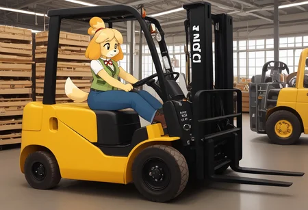 score_9, score_8_up, score_7_up, score_6_up, score_5_up, highres, absurdres, high_quality, high_definition, 
1girl, female, feminine, mammal, human, isabelle_(animal_crossing)_(animal_crossing, nintendo, mammal, canid, canine, canis, domestic_dog, toy_dog, shih_tzu, furry, furry_female, anthro, anthropomorphic_dog, yellow_fur, body_fur, fur, hair, animal_ears, dog_ears, dog_girl, small_breasts, ass, breasts), sagging_breasts, wide_hips, breedable, skindentation, 
{{clothing: high-vis_vest, vest, tshirt, jeans, boots, hardhat}} 
driving, forklift,
 {{background:  public, warehouse, detailed_background, clean_background, natural_lighting, sharp_focus, smooth_gradients,}}, 
zPDXL2, nsfwEMPXL, Hand, detailed, perfect, perfection, hands, hand,