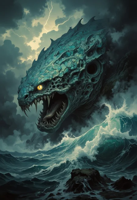 8k high quality digital painting , masterpiece, very detailed, ultra realistic, (best quality) very detailed epic masterpiece, unearthly beautiful, thunderstorm on the high seas, a sailing ship in very high waves, dramatic storm clouds, lightning, rays of sunlight fall through the clouds and create an eerie light, next to the ship the huge head of a nightmarish sea serpent emerges from the waves, bright yellow eyes, the mouth is wide open, huge teeth and a long tongue, whitecaps on the water, dramatic, spooky, dangerous, action, realistic, rich in detail