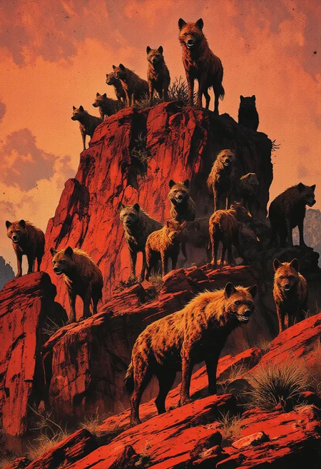 A cinematic shot captures a surreal, eerie scene atop a rugged, red rock hill, where thirteen hyenas stand on different points of the terrain, each staring directly into the camera with piercing, calculating eyes. The jagged hill, composed of deep crimson stone, rises sharply, its rough texture accentuated by the interplay of light and shadow. The hyenas, each uniquely positioned, create an unsettling symmetry, their mottled fur bristling under the dry, warm wind. Some stand on higher ledges, silhouetted against a sky tinged with a muted orange haze, while others crouch low, muscles tense, as if waiting to strike. Their expressions range from menacing grins to eerie stillness, their powerful bodies poised with an uncanny sense of unity. The atmosphere is thick with tension, the surrounding air seemingly charged with an unspoken presence, as if the land itself harbors an ancient, untamed force. The striking contrast between the hyenas’ earthy tones and the deep red of the rocks adds to the unsettling beauty of the composition, creating a moment frozen in time, where nature’s raw ferocity and eerie symmetry collide in haunting perfection.