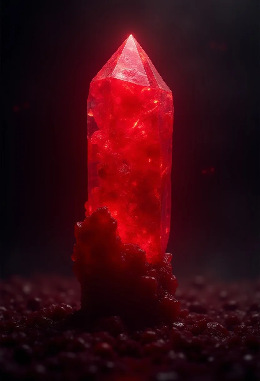 A photorealistic 4K image of a magical red crystal with sharp edges, dripping dark, crimson blood. The crystal is translucent, revealing a swirling, mysterious energy inside, with glowing veins and enigmatic shapes. The scene is dramatic, with intense lighting highlighting the crystal's intricate facets and the flowing blood. Masterpiece quality, highly detailed