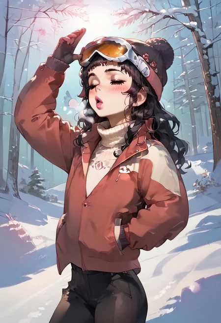 Atte_Nanakusa, MixedByErry, InCaseStyleZ, score_9, score_8_up, score_7_up, score_6_up, 1girl, chinese female (hazel brown eyes, long hair, wavy hair, black hair, red highlights), sk1gear (black beanie, gloves, red jacket, turtleneck sweater, black pants, eyewear on head, goggles), open jacket, slender body, (flat chest:1.4), soft lips (pink lipstick, shiny lips:1.4), stretching, motion lines, closed eyes, yawning, (blush:1.4), cold breath, outdoors, snow, snowy pine tree forest, bright sun (lens flare, bloom), dramatic shadows, 4k uhd, absurdres, warm lighting, detailed light, cowboy-shot, (highres textures), soft light passing through hair, natural lighting, detailed background, beautiful face, cute face, detailed face