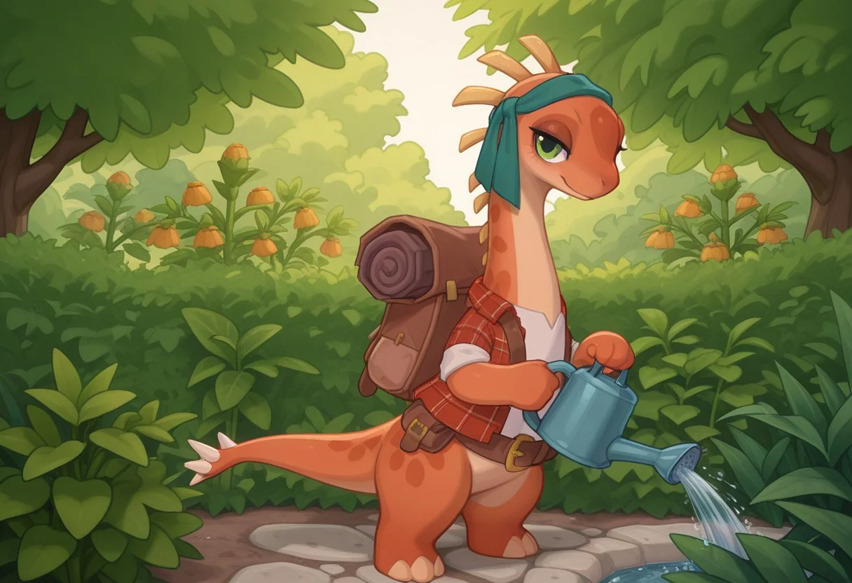 1girl, highres, absurdres, newest, masterpiece, best quality, furry, small tail, claws, fawn, female, Shunosaurus, orange skin, green eyes, 4 fingers, 3 toes, white t-shirt, red checkered shirt, belt, spikes on the head, spikes on the tail, backpack, green headband, detailed eyes, professional lighting, solo, seductive, looking_at_viewer, masterpiece, close up, explicit, garden, watering can, waters the plants