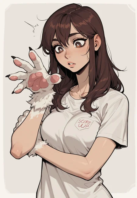 score_9, score_8_up, score_7_up, masterpiece, best quality, very aesthetic, 1woman, incoth, (incase:0.6), detailed face, (dynamic:1),  brown hair, brown eyes, white pupils, mild shock, long hair, t-shirt, looking at arm, growing fur, spreading fur, (paws, animal hands:0.8), transformation, (laboritory:1.06), experiment, visual effect, (upper body:0.5), condition, spreading,  
