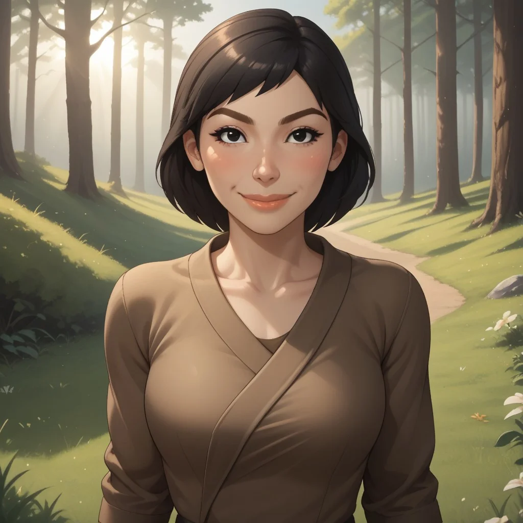 score_9, score_8, BREAK, solo, wii, mii, wii sports, 1girl, female mii, black eyes, black hair, brown eyebrows, lips, brown clothing, white pants, shoes, nintendo mii, modern_mii, classic_mii, breasts, misaki_\(\\wii_sports\\\), cute, blush, sexy pose, smile, outdoors, sunlight, shadows, evening lighting, natural lighting, forest, trees, grass, orange sky, sunset