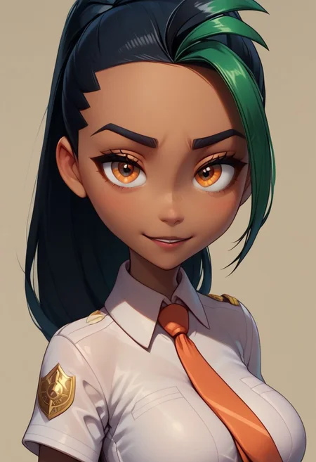 score_9, score_8_up, score_8, 
Nemona \(Pokemon\), black hair, green hair, orange eyes, dark skin, multicolored hair, two-tone hair, hair pulled back, white shirt, collared shirt, fingerless gloves, orange shorts, 
large breasts, 
solo, upper body, looking at viewer,