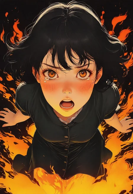 masterpiece, best quality, newest, absurdres, highres, very awa,
hu99y, 1girl, solo, cowboy shot, sheer black dress, japanese, medium black hair, bangs, blush, translucent, (body on fire), film grain, open mouth, (tear:1.3), open arms, (realistic), fire background, (foreshortening, dynamic:1.2), (perfect hands), (from above)