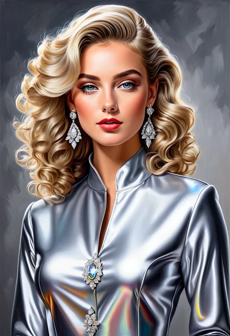 create A full-body view of a colorful glossy hyper-realistic oil painting of a regal, beautiful, American woman with slick blond slick curly slick hair, with diamond stud earrings and jewelry. Silver grey eyes. Beautiful silver iridescent dress and matching silver shoes
