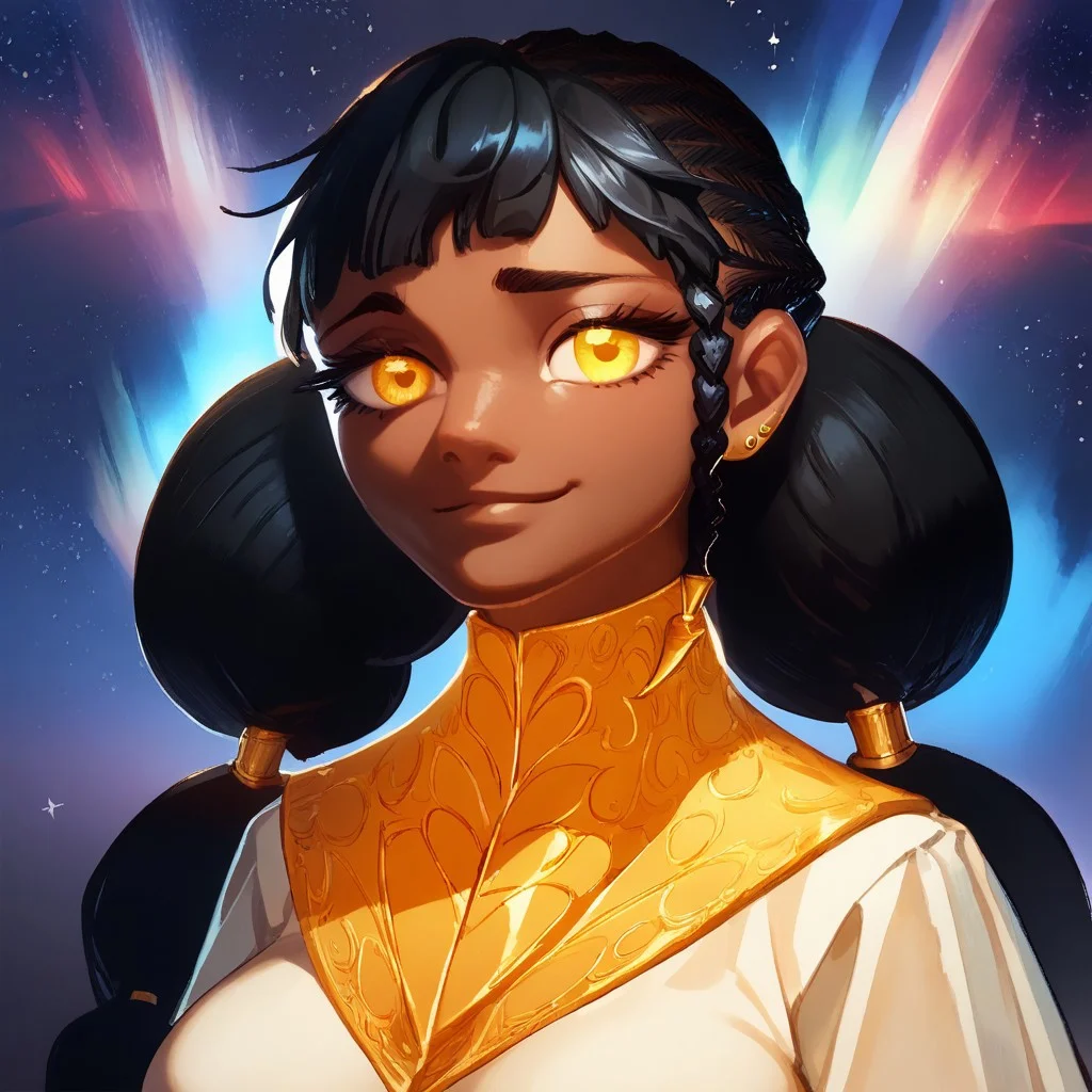 Desscaras, tied hair, 1girl, girl, female, woman, dark skin, yellow eyes, black hair, asymmetrical bang, beautiful, gorgeous, perfection, insanely detailed, masterpiece, HD, best quality, perfect anatomy, upper body, perfect eyes, perfect face, detailed eyes, detailed face, face focus, small gold earring, asymmetrical earrings, white dress, gold detail, white clothing, white and gold dress, cute, dark sky, clouds, smug, shiny, big braids, space, aurora, round braids, round tied hair, breasts, hair behind back, score_9_up, score_8_up, score_7_up