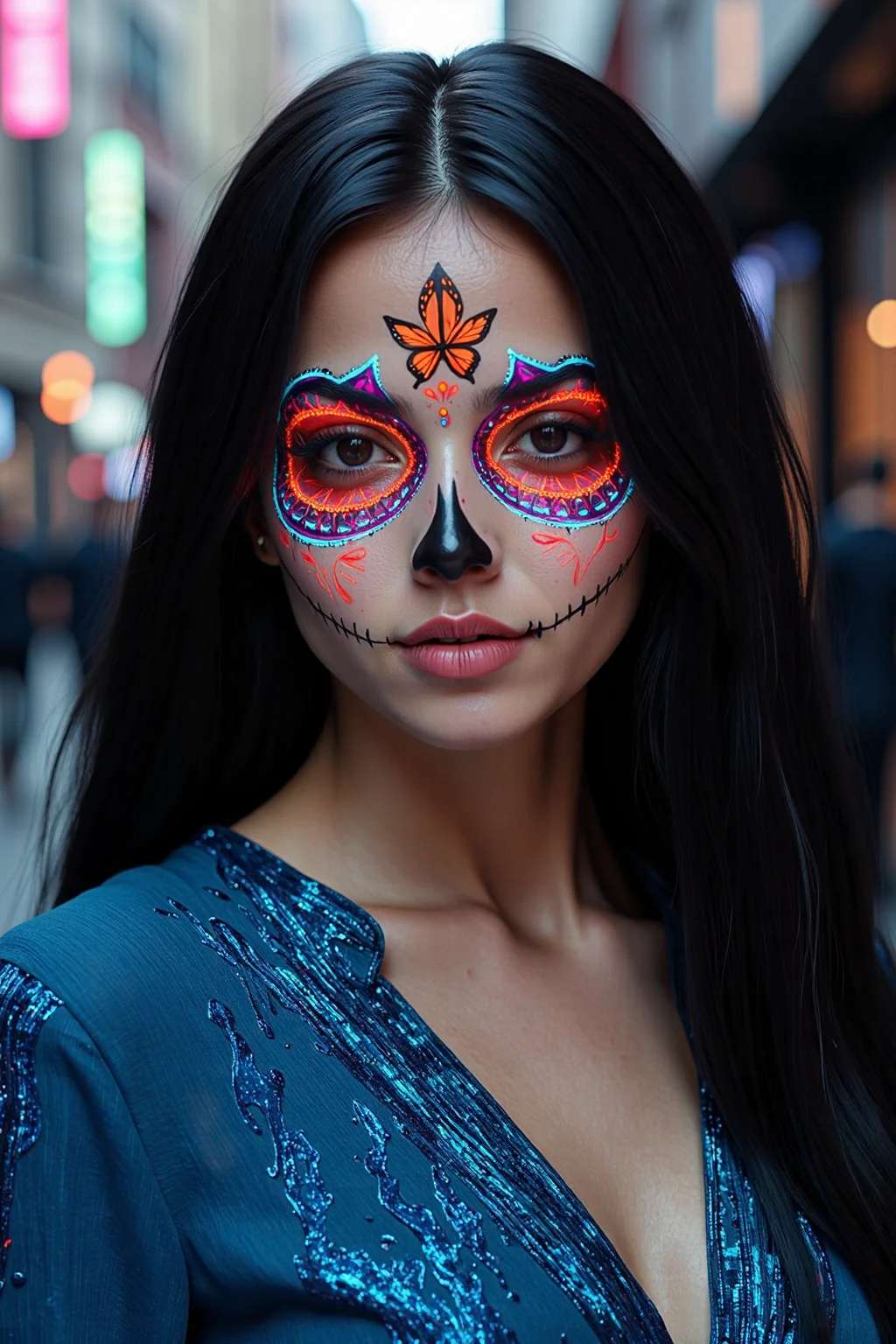 IMG_0012.JPG, Woneon_facepaintflx, A Asian woman with dark hair and an intricate butterfly-themed sugar skull face paint, neon orange and blue accents glowing softly