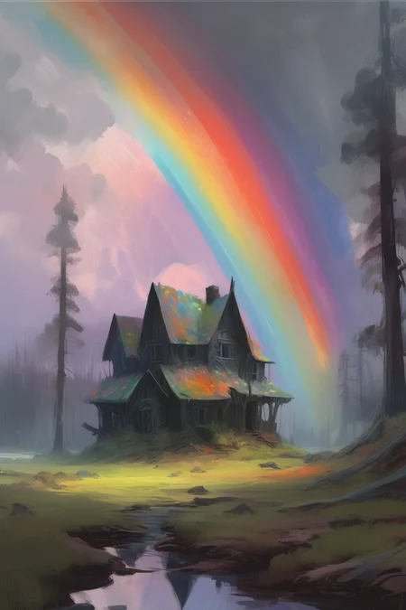 <lora:Noah Bradley Style:1>Noah Bradley Style - Impressionist painting, a Gouache Painting, matte painting by Jordan grimmer and Noah Bradley, magnificent scene wallowing gouache texture heavenly landscape colorful mushroom house in an enchanted dark forest with a pastel rainbow sky concept art oil painting detailed sketch