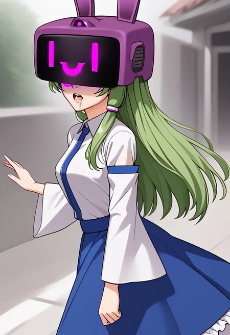 Sanae hypnotized to zombie walk,,
score_9, anime, lewd, 1girl, smooth,
mind control, hypnosis, zkovisor, hypnotic visor, helmet, rabbit ears, :), saliva, drooling,
walking, outstretched arms, straight arms, zombie walking, solo, side view,
kochiya sanae, green hair, long hair, green eyes, hair tubes, collared shirt, white shirt, detached sleeves, wide sleeves, blue skirt, frilled skirt
