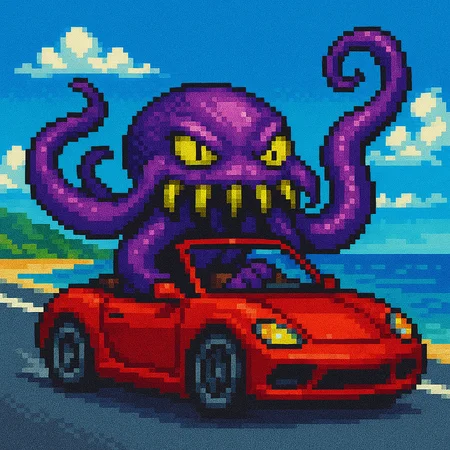 video game pixel art image featuring this character (image attached) driving a fancy convertible car