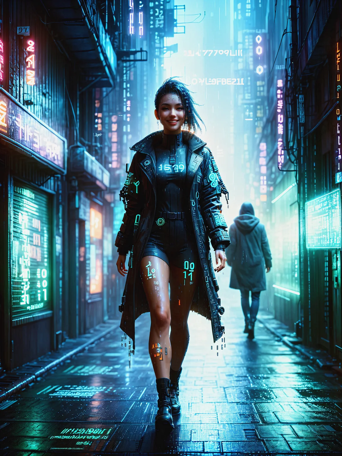 woman walking through cyberpunk alley, floating orange numbers, light smile, night, rain, haze, <lora:Neon_Cyberpunk_Datastream_SDXL:1.2>, (masterpiece:1.2), best quality