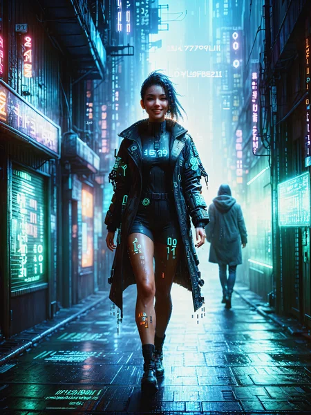 woman walking through cyberpunk alley, floating orange numbers, light smile, night, rain, haze, <lora:Neon_Cyberpunk_Datastream_SDXL:1.2>, (masterpiece:1.2), best quality