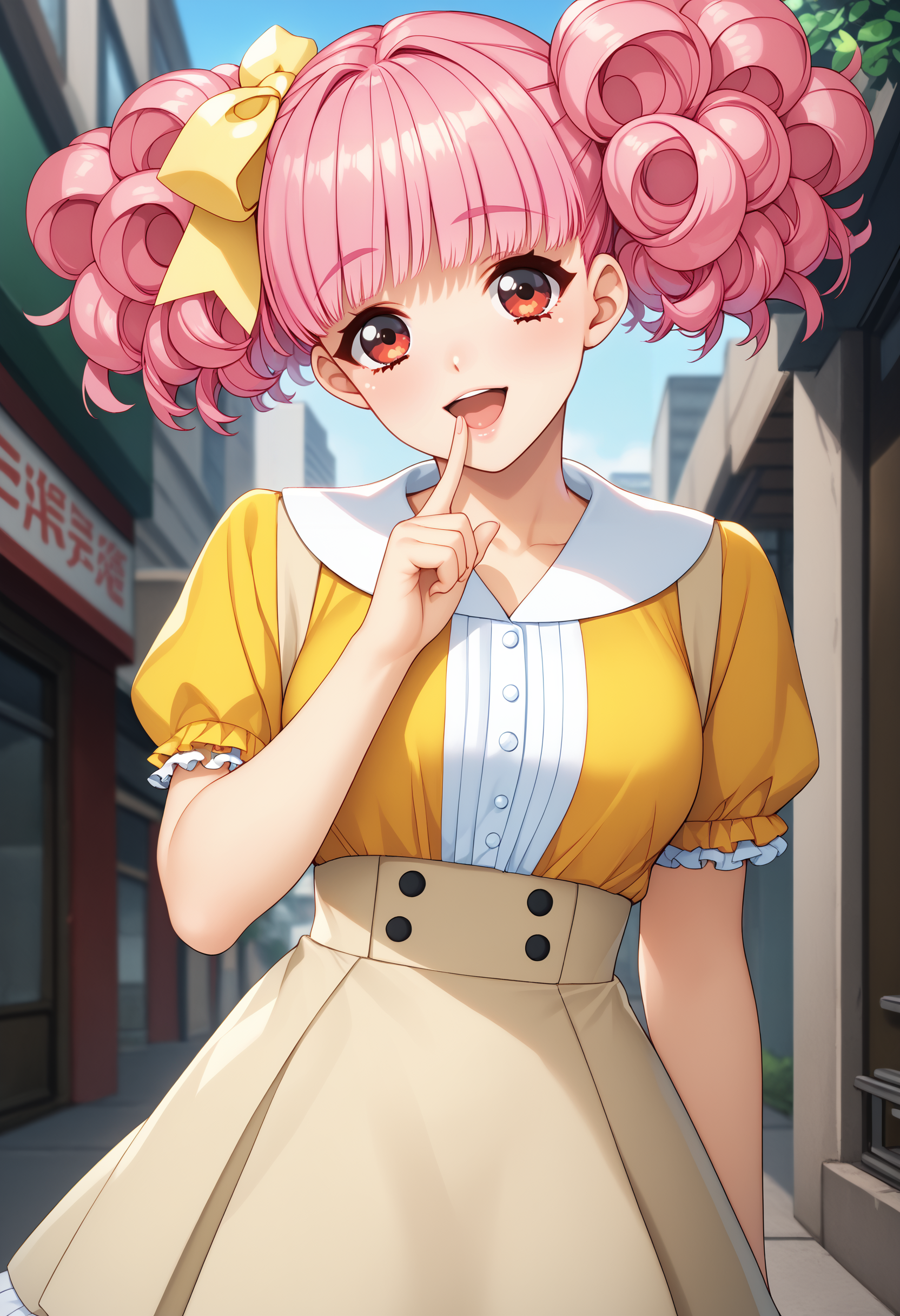 score_9, score_8_up, score_7_up, BREAK front view,looking at viewer,miho,1girl,red eyes,pink hair,yellow hair bow,twintails,yellow shirt,short sleeves,white collar,suspender skirt,finger to mouth,white thighhighs,frills,smiling,in the middle of the city,open mouth, <lora:Suzumimiho:1>