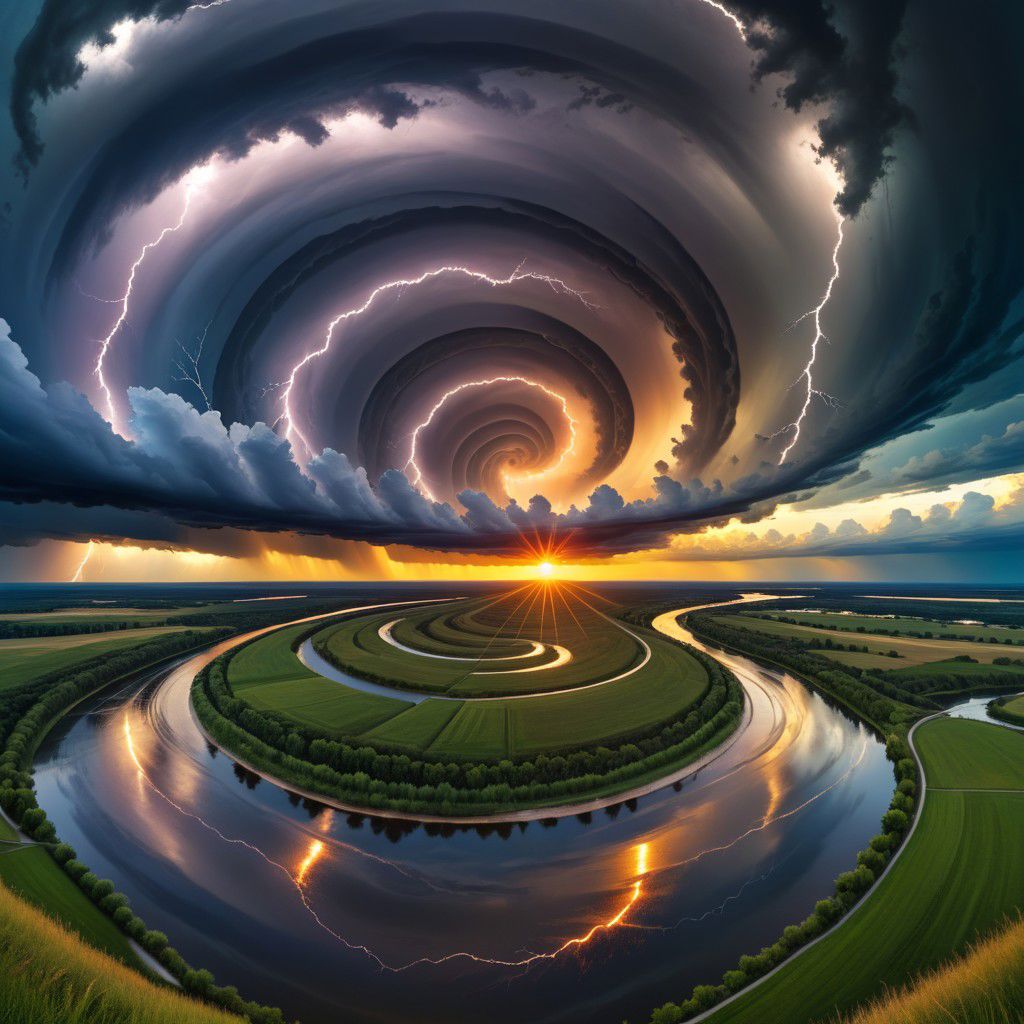 landscape, evening, sunset, thunder, storm clouds,  river band, Spiral Effect, symmetric, centered