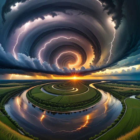 landscape, evening, sunset, thunder, storm clouds,  river band, Spiral Effect, symmetric, centered
