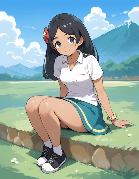 score_9, score_8_up, score_7_up, score_6_up, BREAK source_anime, best quality, masterpiece
1girl,<lora:lass smPonyXL:0.8>,lass sm,hair flower,bracelet,white shirt,skirt,socks,sneakers,full body,sitting,on grass,smile,looking at viewer,mountain,blue sky
