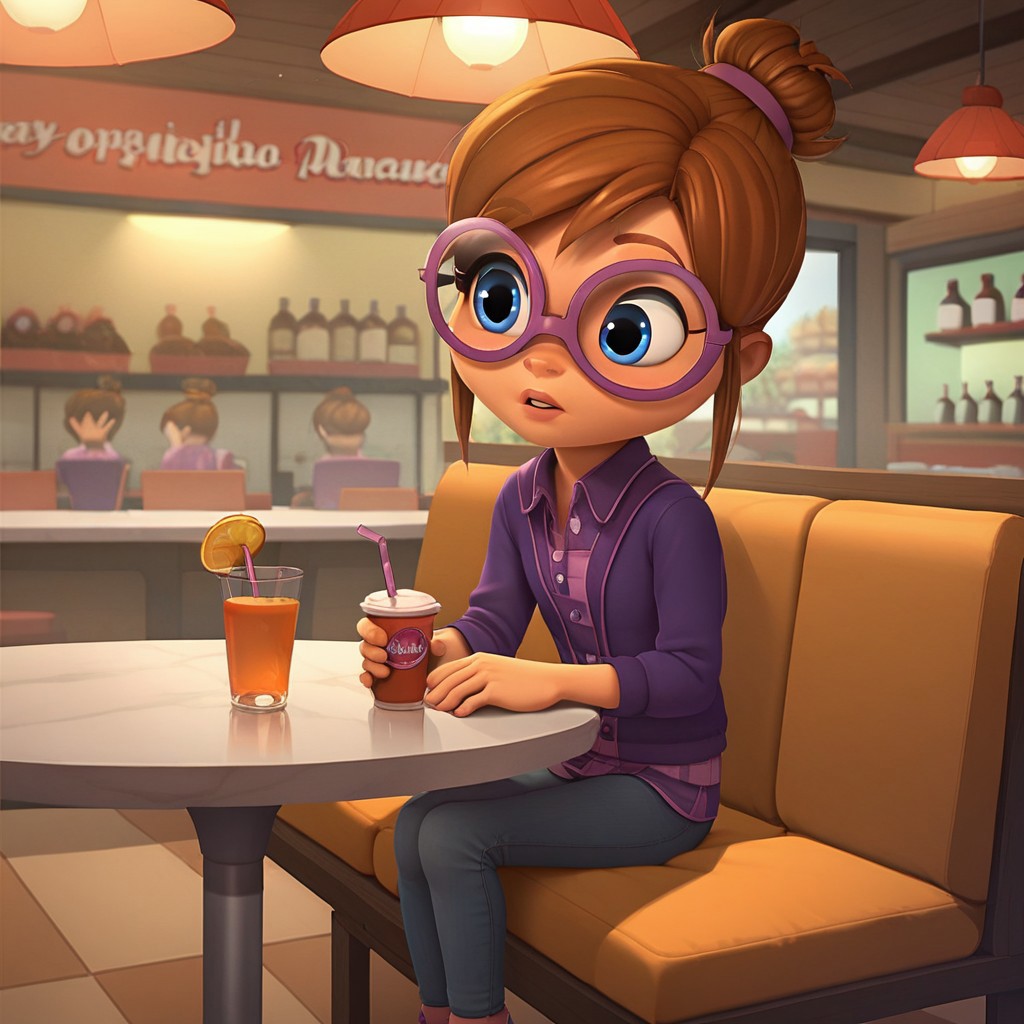 score_8, score_9, break, solo, jeanette, brown hair, single hair bun, glasses, blue eyes, sitting, restaurant