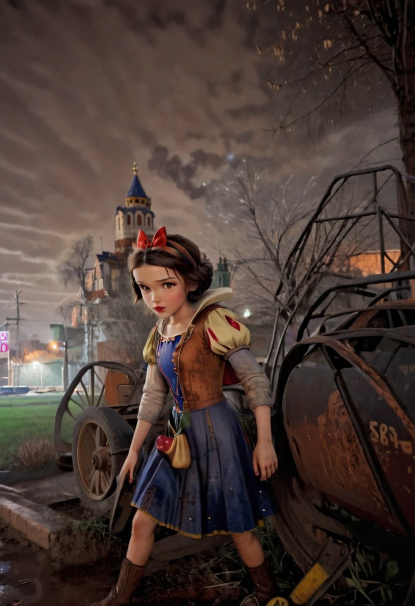 Rusted, rusted landscape, a Disney princess Snow White, walking on a side walk in a run down russian city, smoke, chem trails, extreme close-up, portrait, raw, masterpiece, hyper exquisite, extreme insanely realistic detailed and intricate, extreme quality, extreme best picture, extreme realistic detail, extreme photo realism, extremely super fine photo detail, hyper 1080P, extreme VFX, extreme SFX, extreme FKAA, extreme TXAA, extreme RTX, extreme SSAO, doomer aesthetics, depressing feelings, night, panelka,vintage painting,painting,realism,