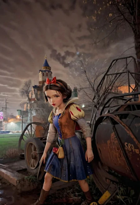 Rusted, rusted landscape, a Disney princess Snow White, walking on a side walk in a run down russian city, smoke, chem trails, extreme close-up, portrait, raw, masterpiece, hyper exquisite, extreme insanely realistic detailed and intricate, extreme quality, extreme best picture, extreme realistic detail, extreme photo realism, extremely super fine photo detail, hyper 1080P, extreme VFX, extreme SFX, extreme FKAA, extreme TXAA, extreme RTX, extreme SSAO, doomer aesthetics, depressing feelings, night, panelka,vintage painting,painting,realism,