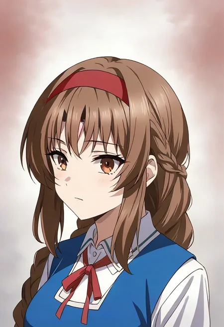 best quality, 4k, rating_safe, very aesthetic, source_anime,1girl, <lora:Takao:0.9>,takao,brown hair,brown eyes,long hair,single braid,red hairband,neck ribbon,white shirt,long sleeves,blue vest,gray skirt,school uniform,
