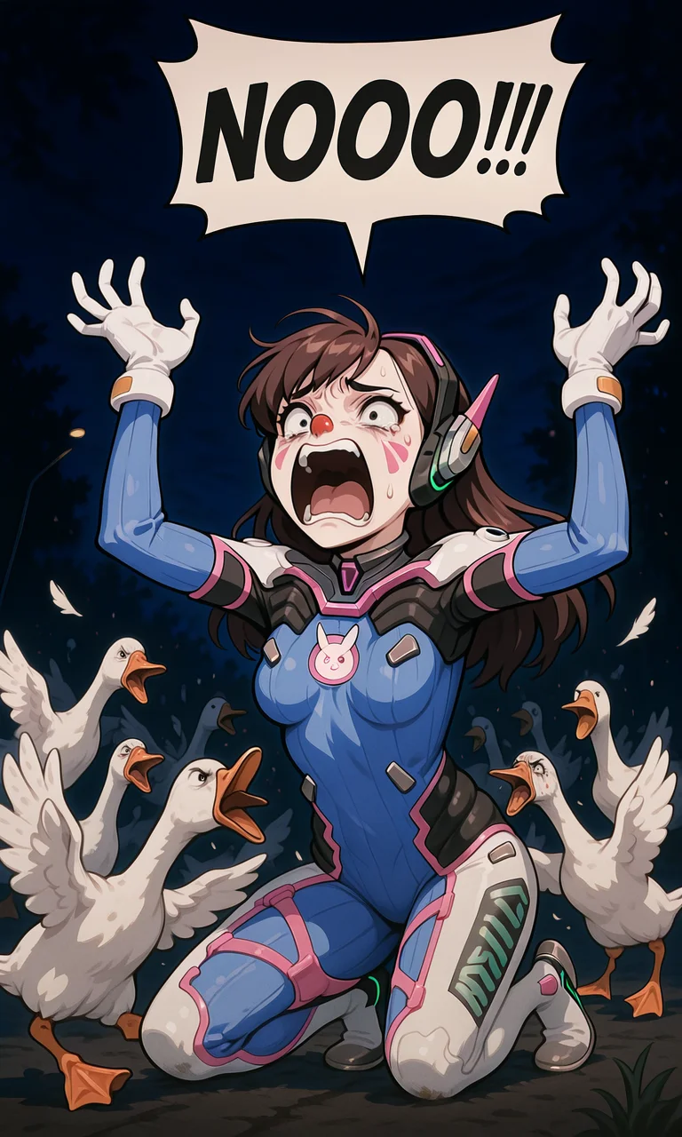 embedding:IllusP0s, goose ambush, 6+geese, speech bubble, NOOO!!!, screaming, kneeling, d.va_\(overwatch\), clown nose, scared, outdoors, night, contrast lighting, low angle,<lora:NOOO_illustrious.safetensors:1.0:1.0> <lora:goose ambush_illustrious.safetensors:1:1>