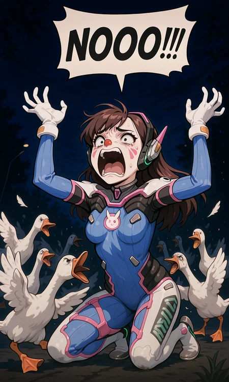 embedding:IllusP0s, goose ambush, 6+geese, speech bubble, NOOO!!!, screaming, kneeling, d.va_\(overwatch\), clown nose, scared, outdoors, night, contrast lighting, low angle,<lora:NOOO_illustrious.safetensors:1.0:1.0> <lora:goose ambush_illustrious.safetensors:1:1>