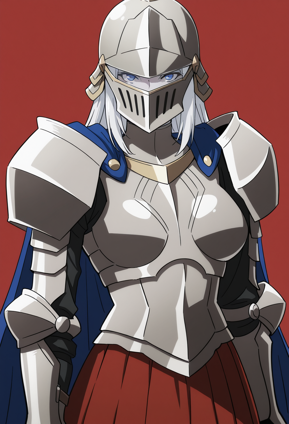 masterpiece, best quality,
1girl, solo, upper body, 
standing,
looking at viewer, expressionless, 
simple background, red background,
 <lora:Scama_Elbero:1> Sc4m43lb3r0, blue eyes, long hair, white hair, helmet, full armor, visor \(armor\), 
armor, cape, blue cape, breastplate, skirt, gauntlets, red skirt, shoulder armor, pleated skirt,