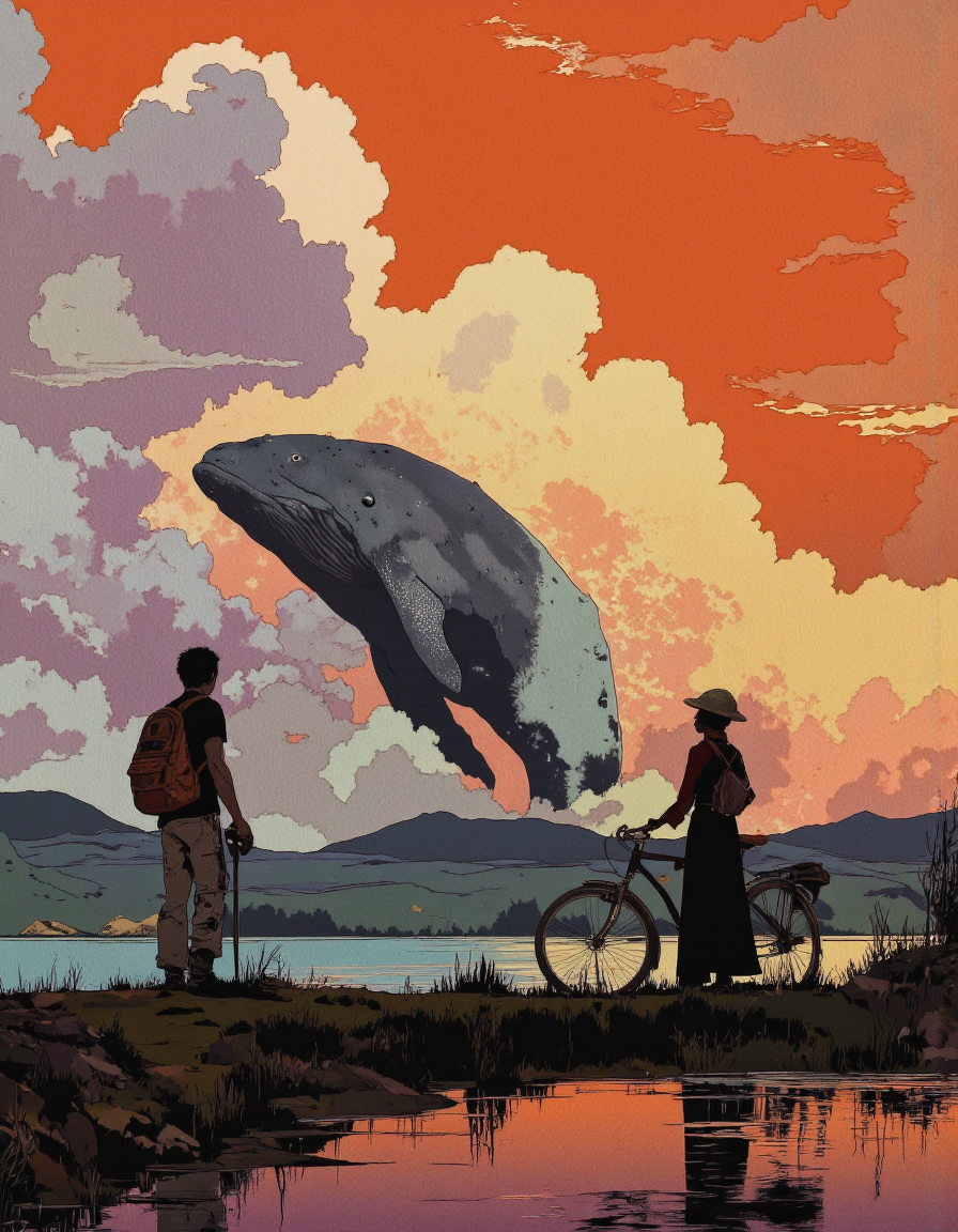 By Phandigrams.
A digital illustration shoot from a bird's eye view about a dramatic sunset scene featuring two silhouetted figures standing on a grassy hill overlooking a river, with a large, majestic whale in the distance. the scene is set against a vibrant orange and pink sky filled with fluffy, billowing clouds. on the left side of the image, a man stands with his back to the viewer, wearing a backpack and holding a bicycle, while on the right side, a woman stands with her back turned towards the viewer. the man appears to be a adult, with short hair and a serious expression on her face. the woman is wearing a hat and a long dress, and her hair is tied back in a neat bun. she is holding the man's bicycle with both hands, and they are standing close together, looking out over the river. the river below is calm and reflects the warm colors of the sky, creating a serene and peaceful atmosphere. the overall scene is a captivating representation of a beautiful sunset, with the man and woman standing on the hill overlooking the river and the whale.