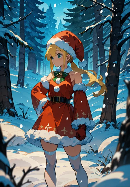 1girl,  petite, golden hair,  long hair,     black eye,     
BREAK   1girl, both hand on hip, standing straight,         
BREAK                   santa gloves, santa hat, bare shoulders, santa costume, fur-trimmed dress, white thighhighs,  snowing, winter forest, (winter clothes, thick clothes),      blurry foreground, 
BREAK general, masterpiece, best quality, absurdres, highres, newest, <lora:Alcedinidae_v1.2:0.8>