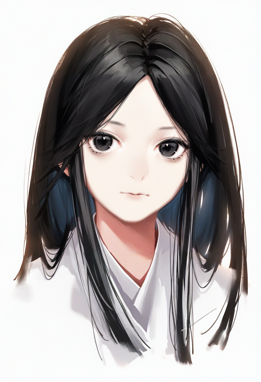 solo, long hair, black hair, white background, simple background, black eyes, closed mouth, looking at viewer, upper body, parted bangs, 1girl, bangs <lora:solaXL_NBVP1_lokr_V6311PZ:0.95>